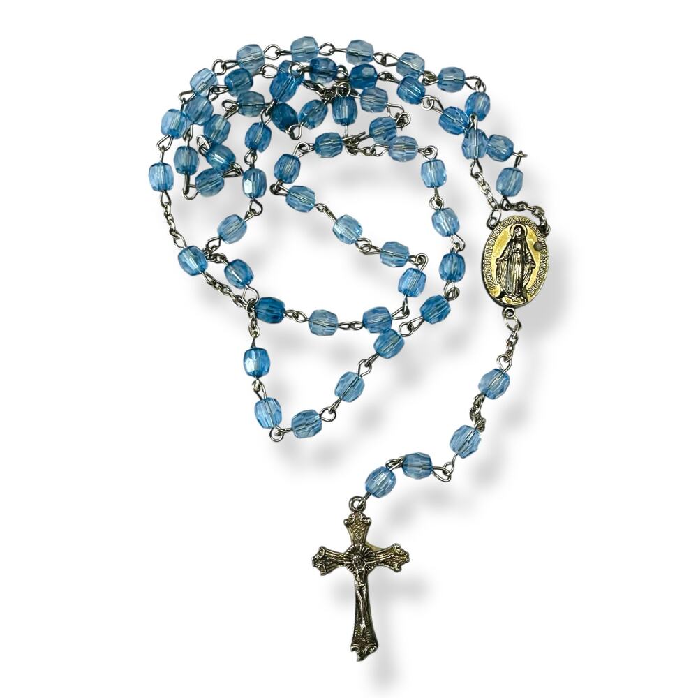 Vintage Blue Plastic and Silver Tone Rosary - Religious